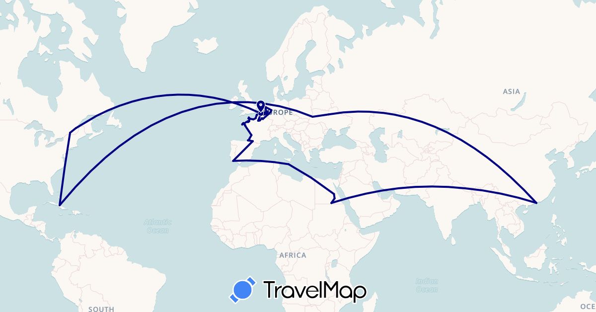 TravelMap itinerary: driving in Belgium, Canada, Cuba, Germany, Egypt, Spain, France, Hong Kong, Malta, Netherlands, Nepal, Portugal, Ukraine (Africa, Asia, Europe, North America)